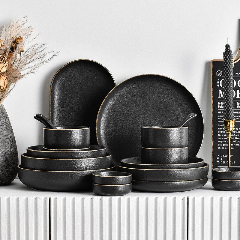 Black Matte Gold Edge Dinnerware Set
