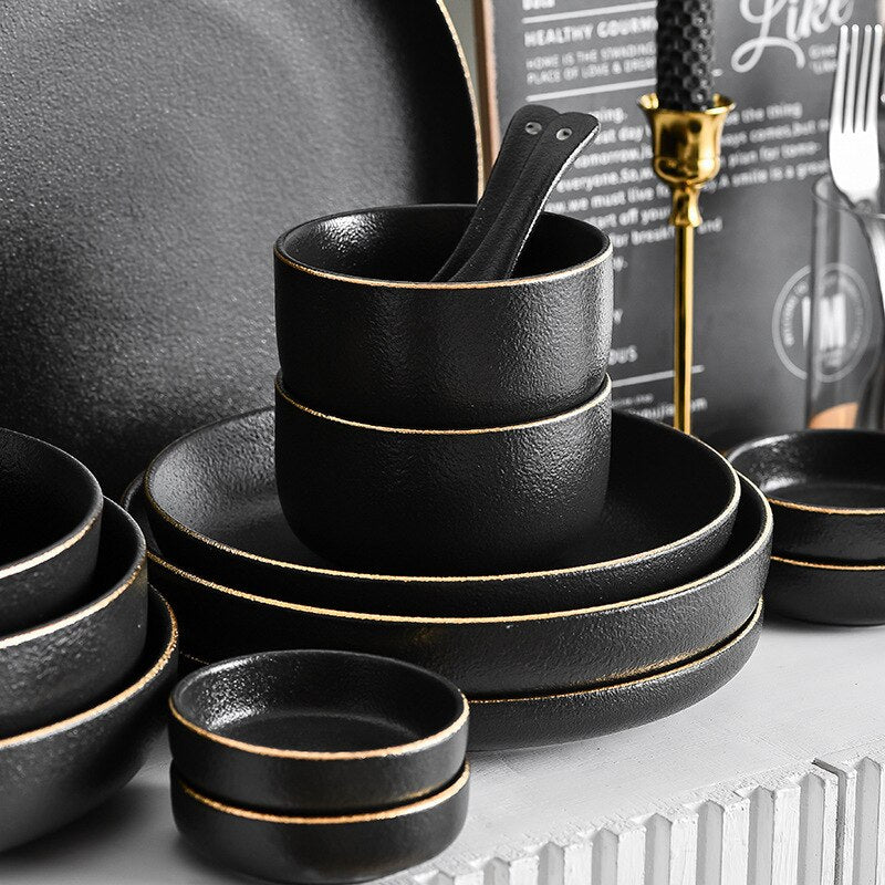 Black Matte Gold Edge Dinnerware Set