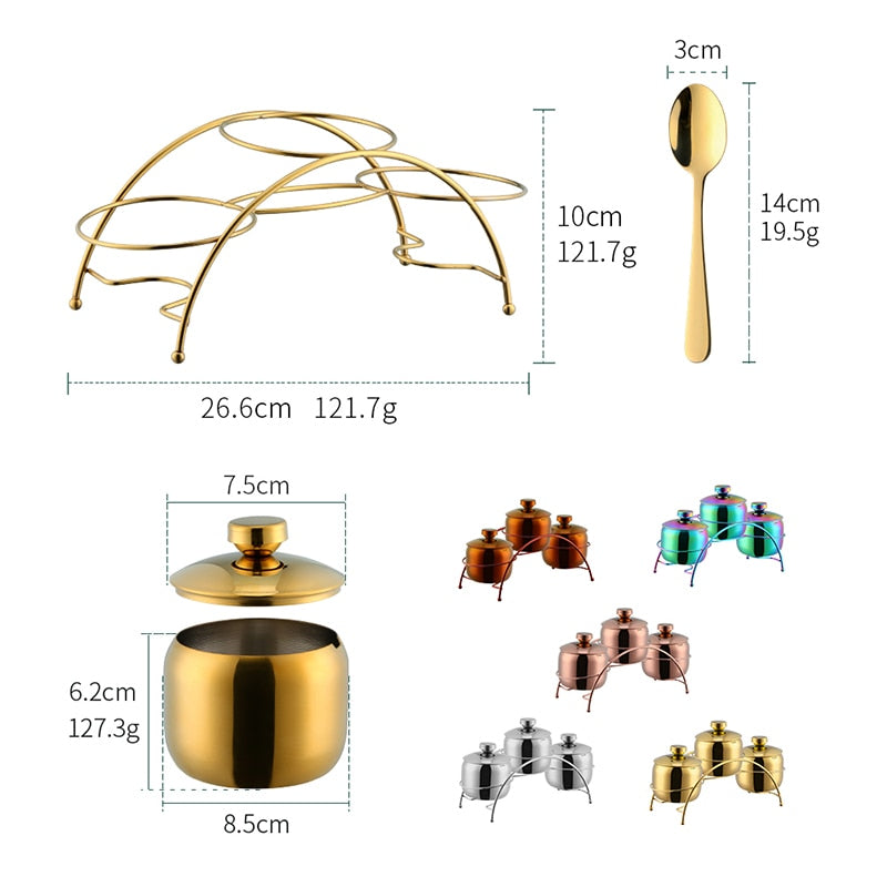Gold Stainless Steel Seasoning, Spice, Salt and Sugar Condiment Pot Set