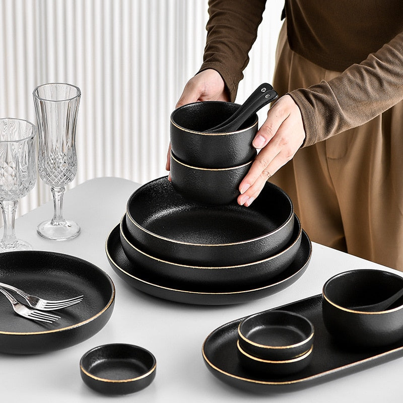 Black Matte Gold Edge Dinnerware Set