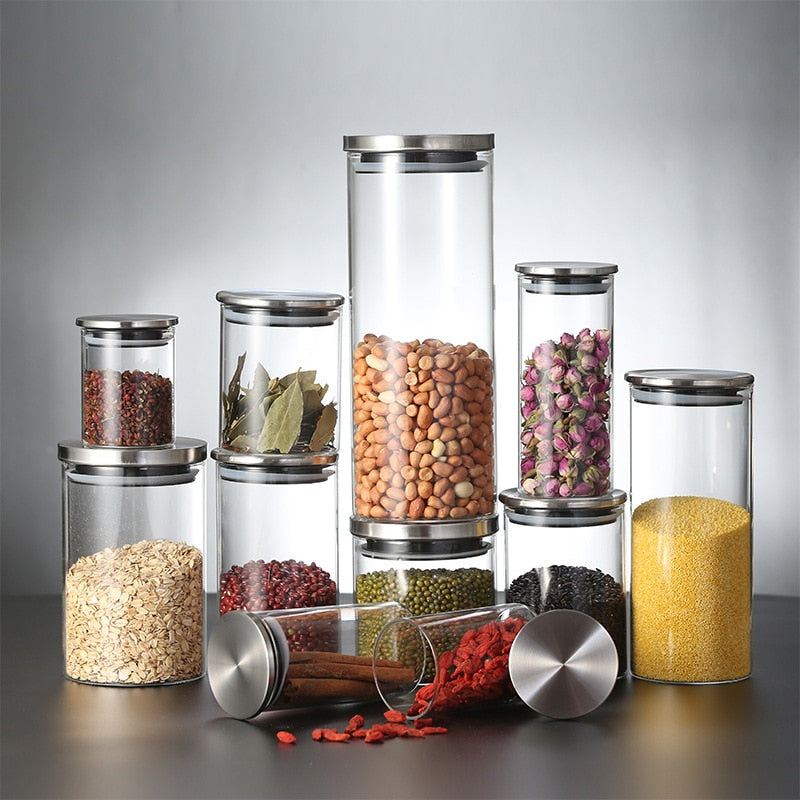 Glass Jar Container with Stainless Steel Cover for Cereals, Spices, Coffee etc