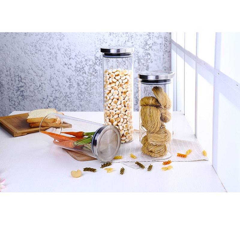 Glass Jar Container with Stainless Steel Cover for Cereals, Spices, Coffee etc