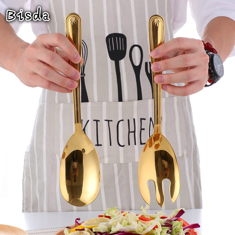 Big Stainless Steel Salad Spoon and Fork Set