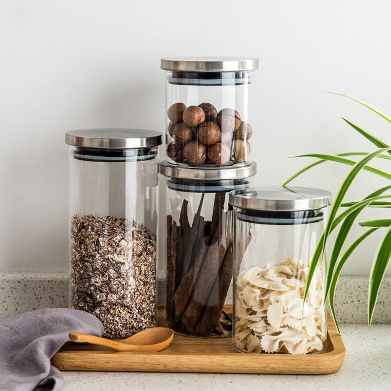 Glass Jar Container with Stainless Steel Cover for Cereals, Spices, Coffee etc