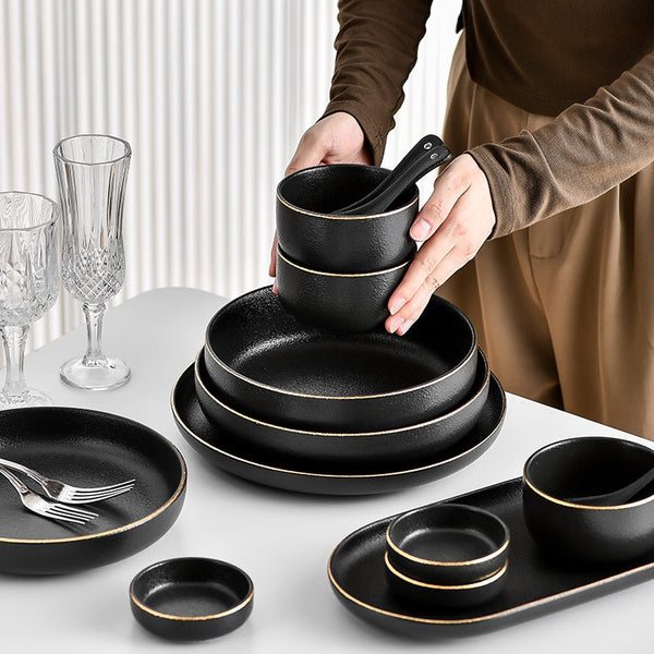 Black Matte Gold Edge Dinnerware Set